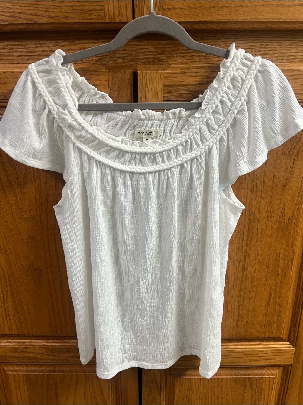 Max Studio White Braided Scoop Neck Peasant Top, Medium